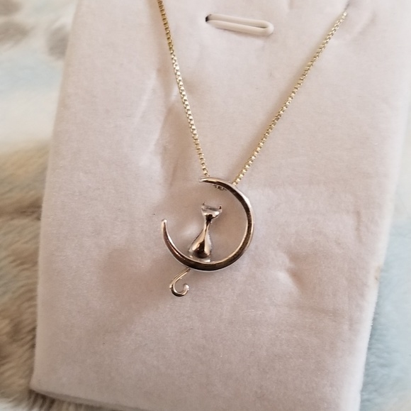 925 Silver Moon Cat Necklace - Picture 2 of 4